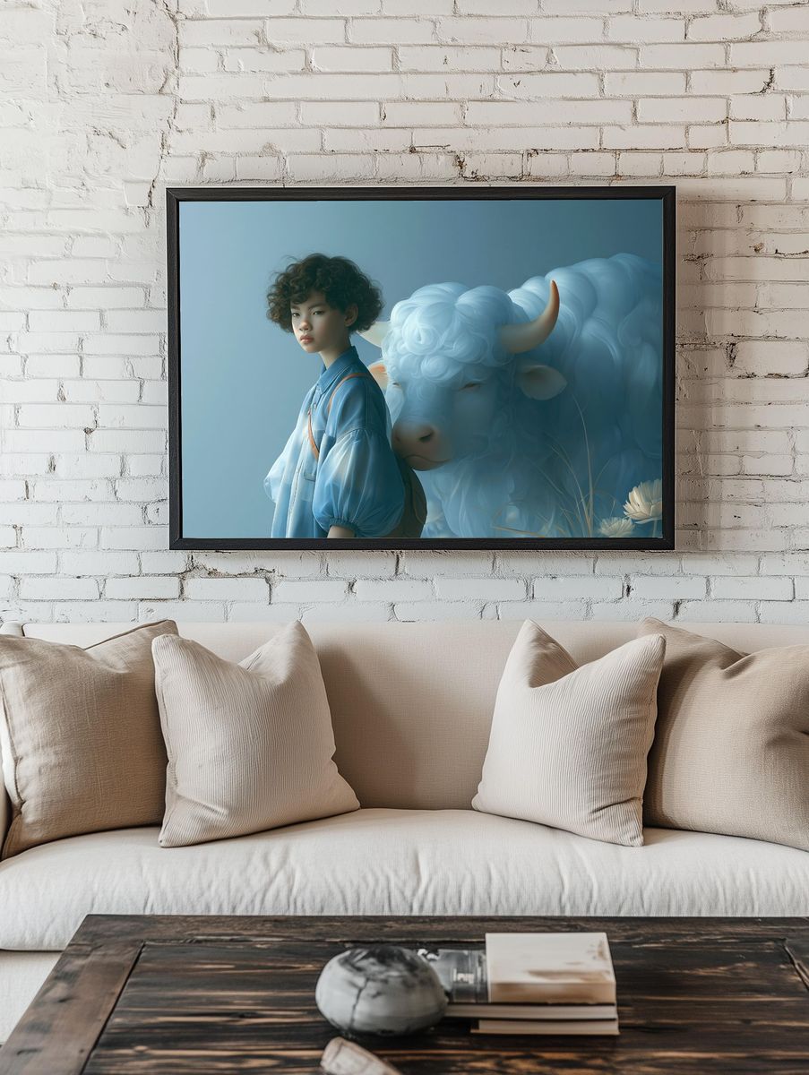 Boy and White Bull Surrealism Print. — room view 1