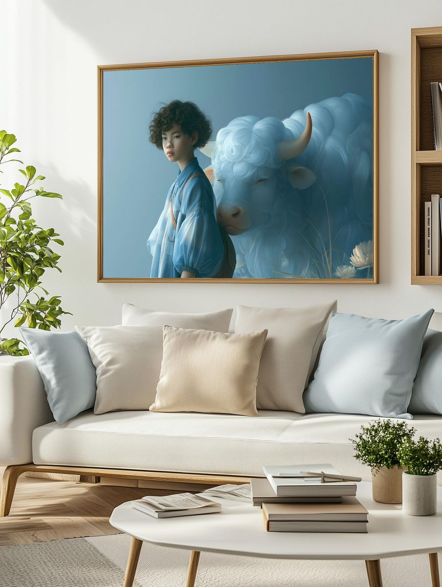 Boy and White Bull Surrealism Print. — room view 2