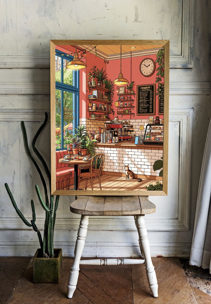 Cozy Coffee Shop Interior Illustration Poster. — room view 1