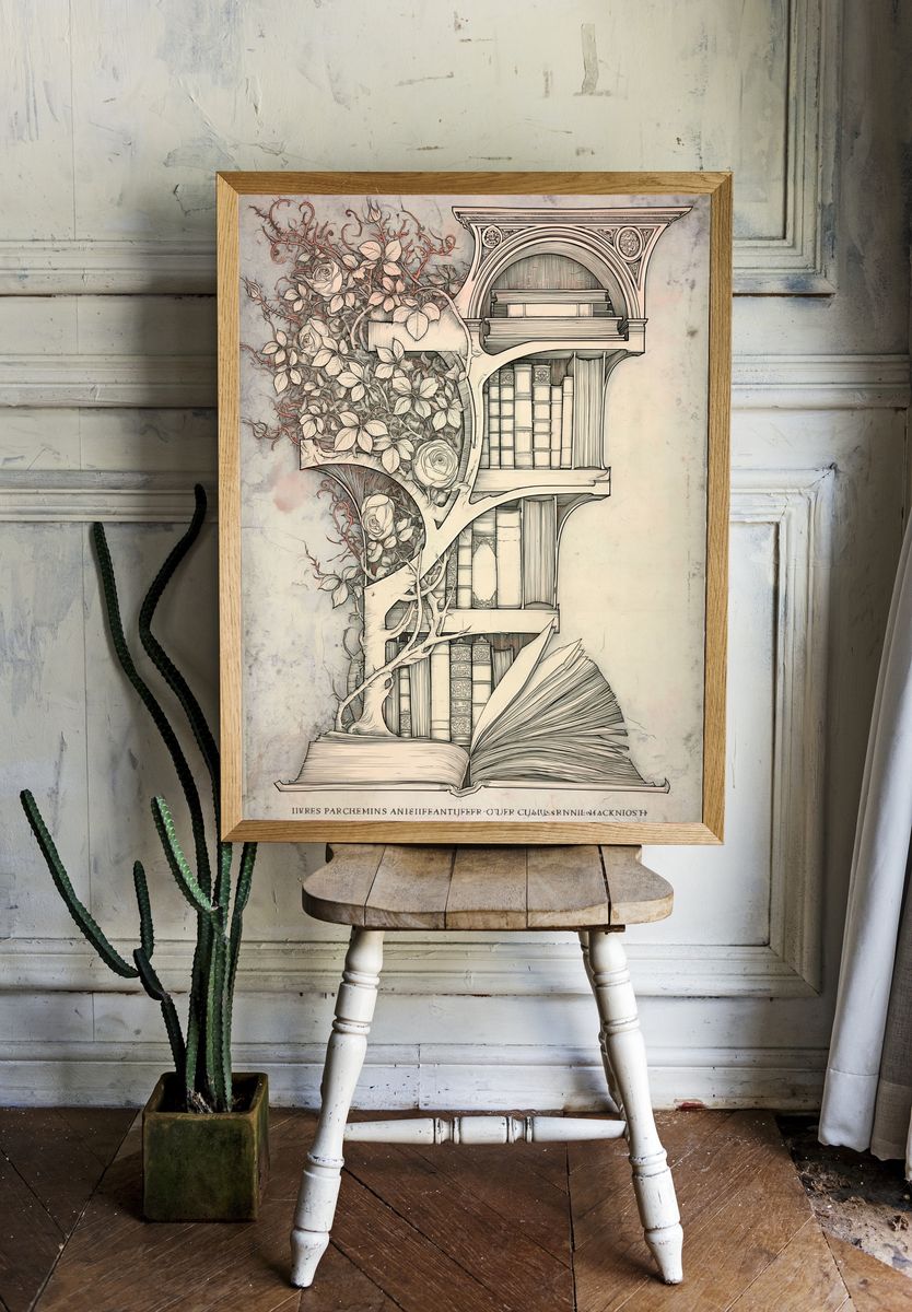 Botanical Bookshelf Illustration Poster. room preview