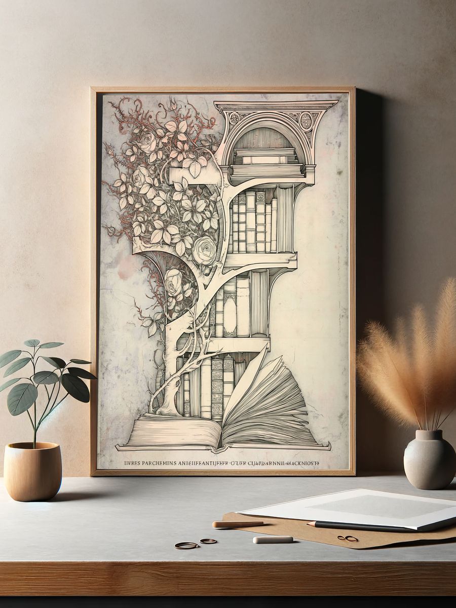 Botanical Bookshelf Illustration Poster. — room view 2