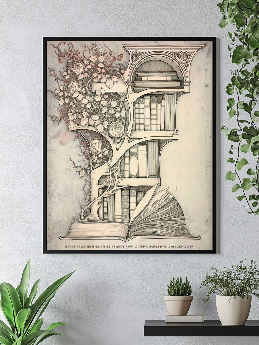 Botanical Bookshelf Illustration Poster. — room view 4