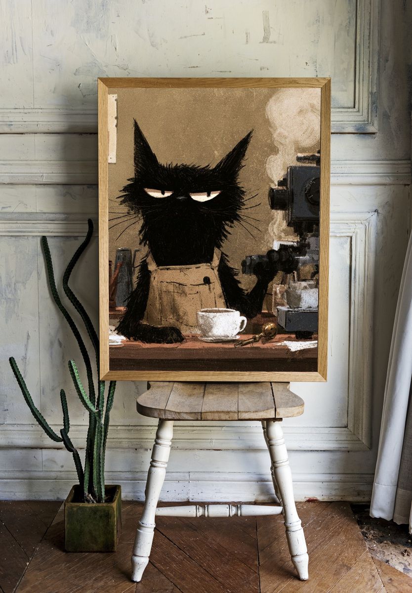 Black Cat Coffee Shop Illustration Poster. room preview