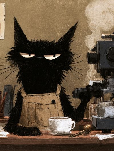Black Cat Coffee Shop Illustration Poster.