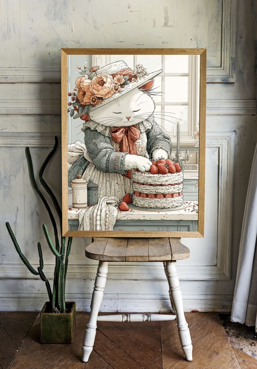 Victorian Cat Baker Illustration Poster. room preview