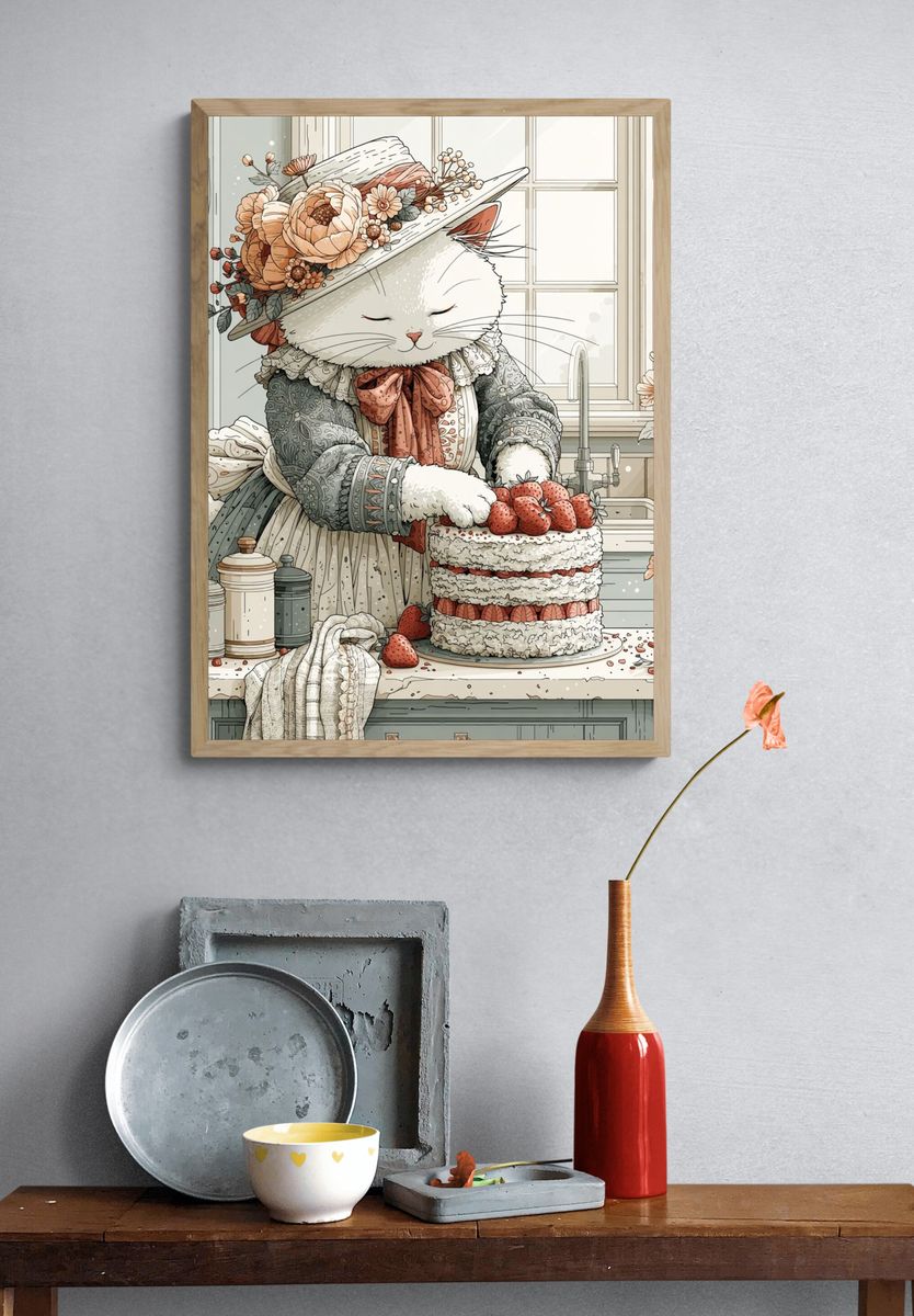 Victorian Cat Baker Illustration Poster. — room view 3