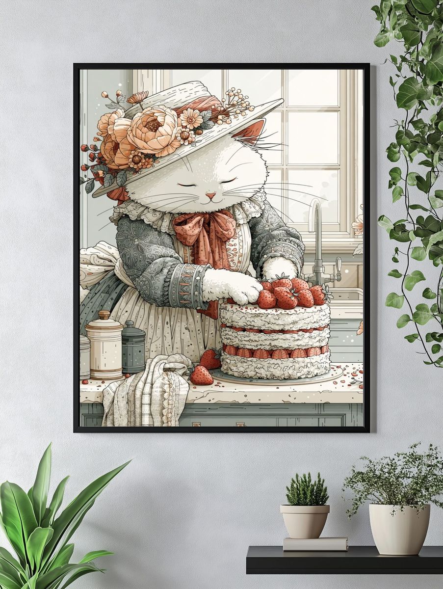 Victorian Cat Baker Illustration Poster. — room view 4