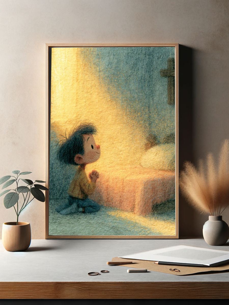 Praying Child Illustration Poster. — room view 2