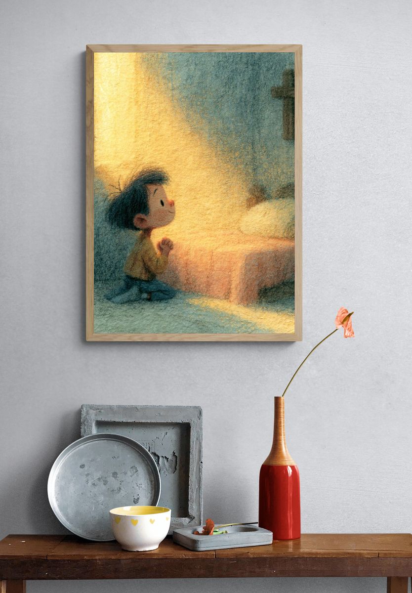 Praying Child Illustration Poster. — room view 3