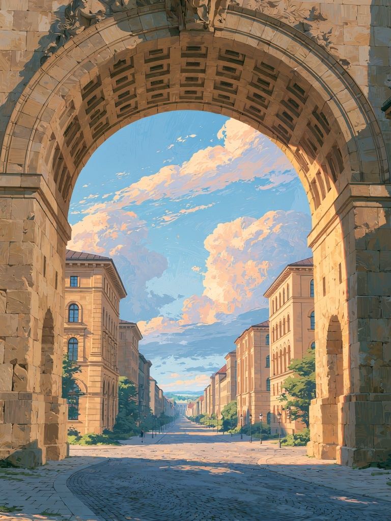 Sunlit Archway Cityscape Illustration Poster. poster detail