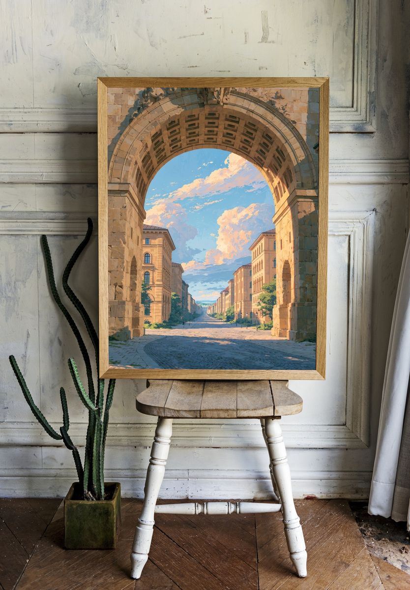 Sunlit Archway Cityscape Illustration Poster. room preview