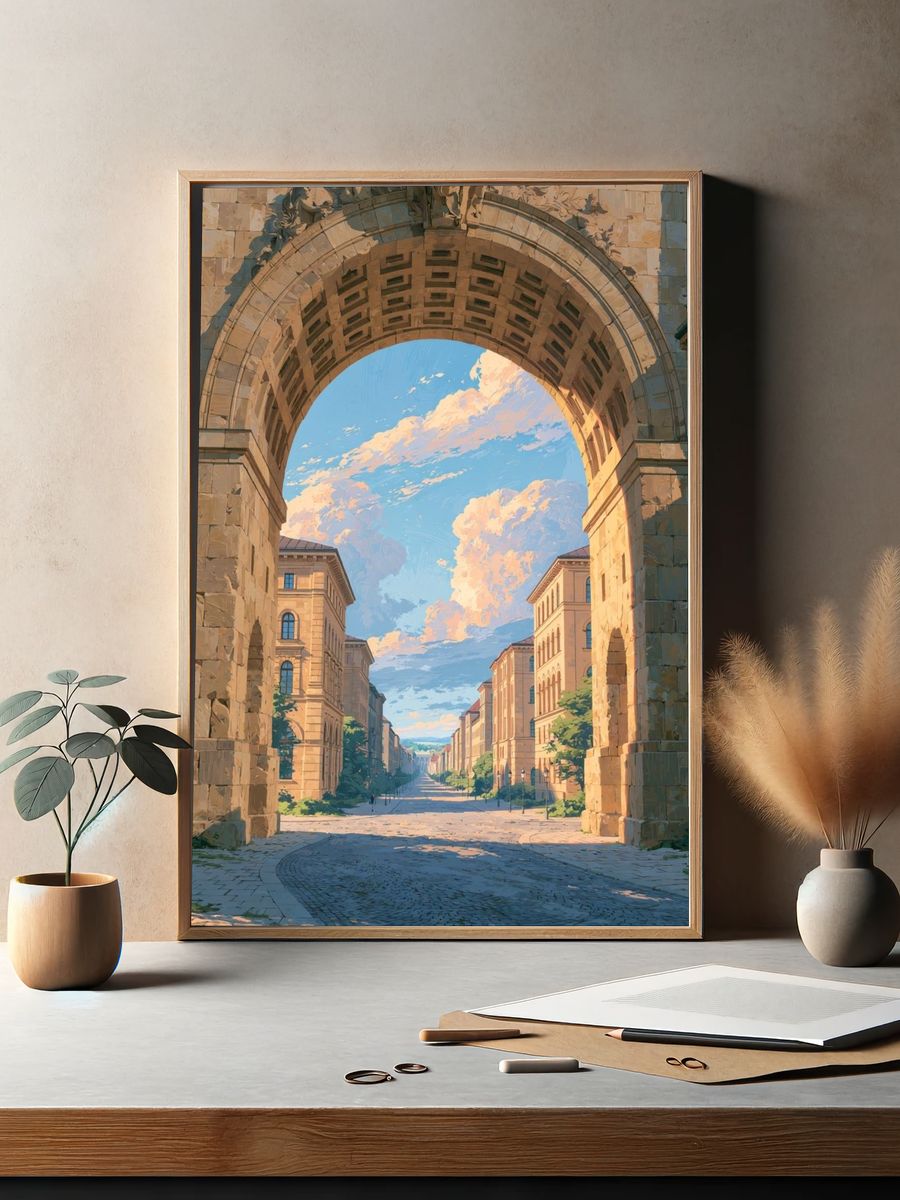 Sunlit Archway Cityscape Illustration Poster. — room view 2