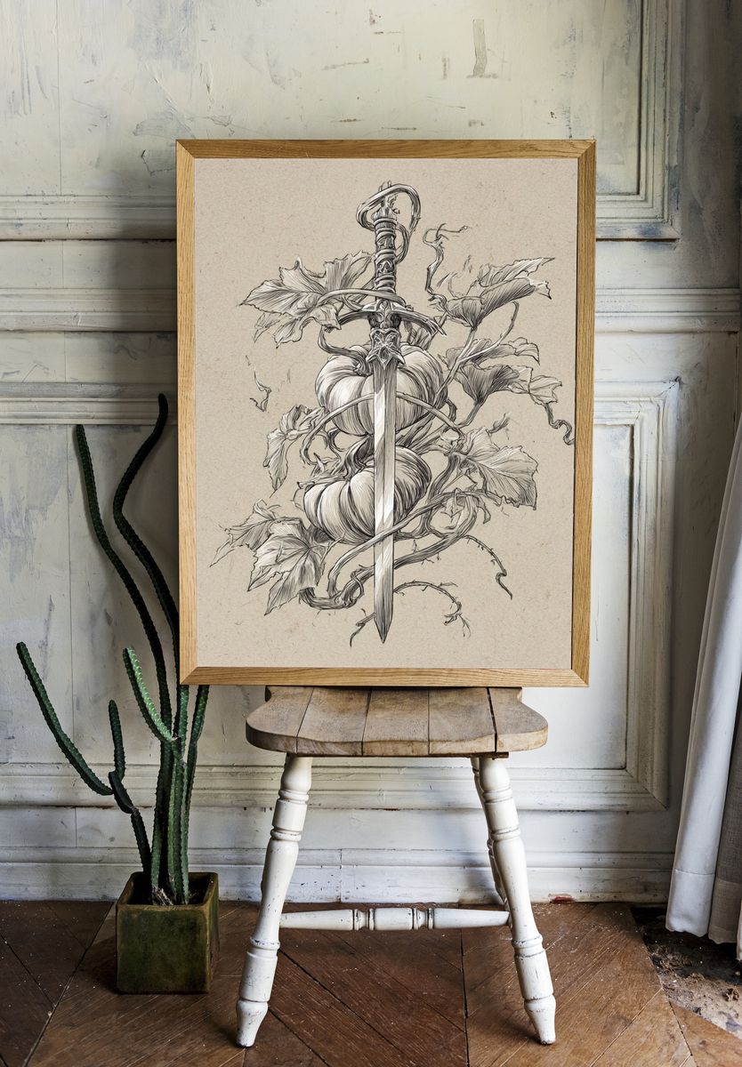 Sword and Pumpkin Botanical Print. room preview