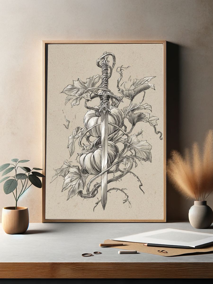Sword and Pumpkin Botanical Print. — room view 2