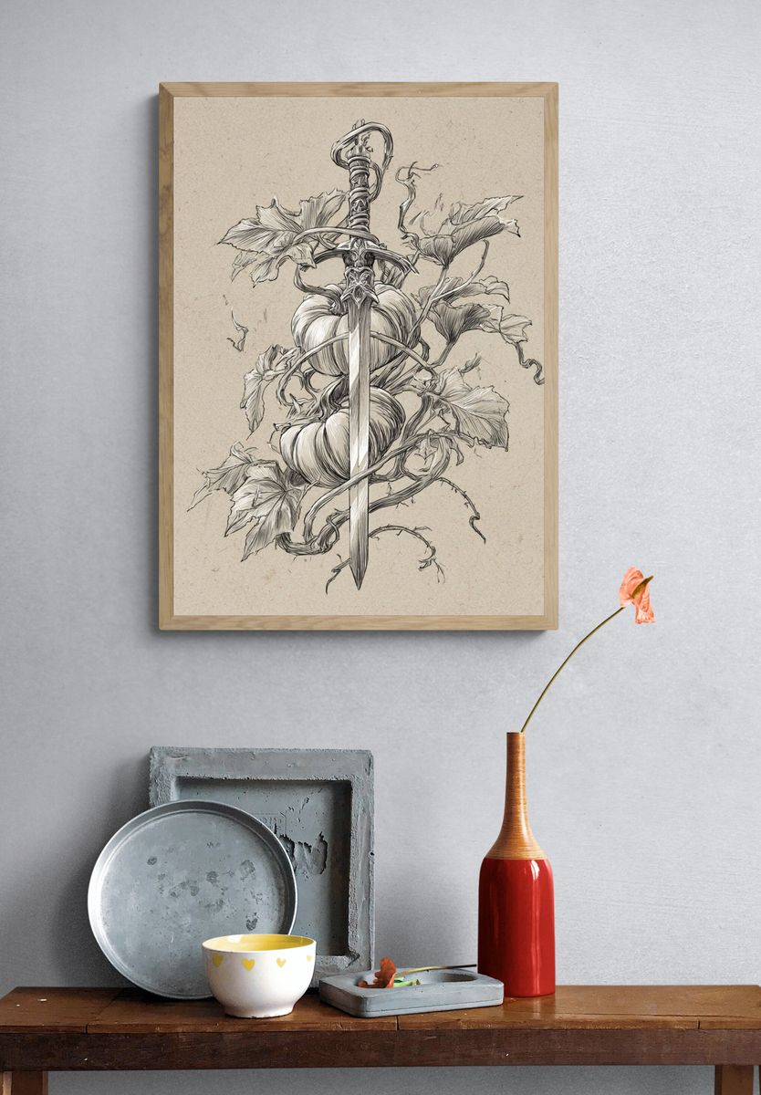 Sword and Pumpkin Botanical Print. — room view 3