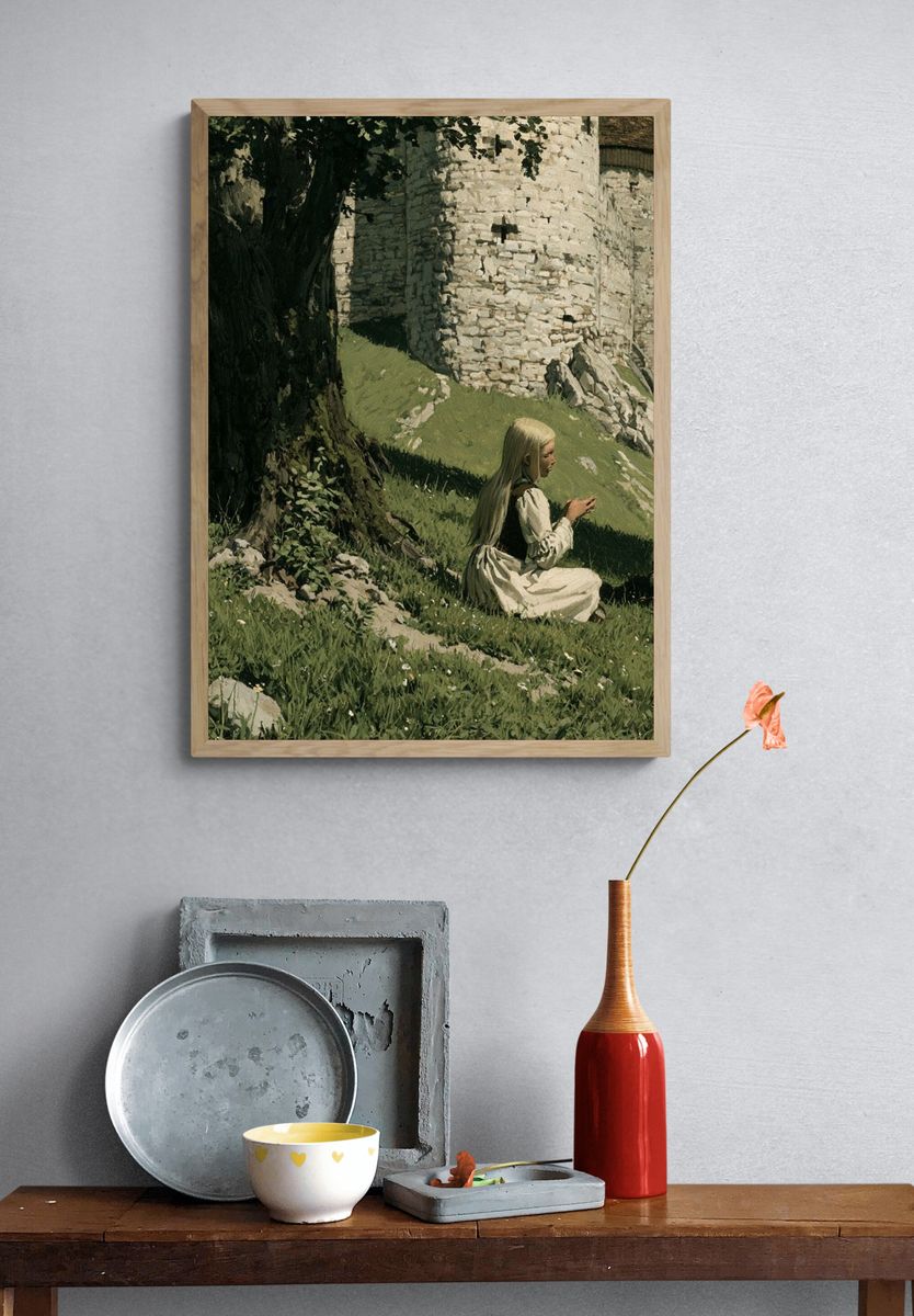 Medieval Castle Meadow Illustration Poster. — room view 3