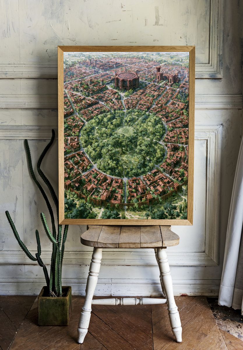 Circular Cityscape Illustration Print. — room view 1