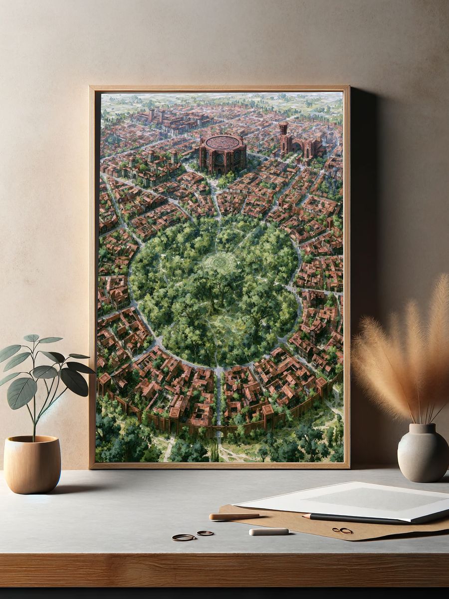 Circular Cityscape Illustration Print. — room view 2