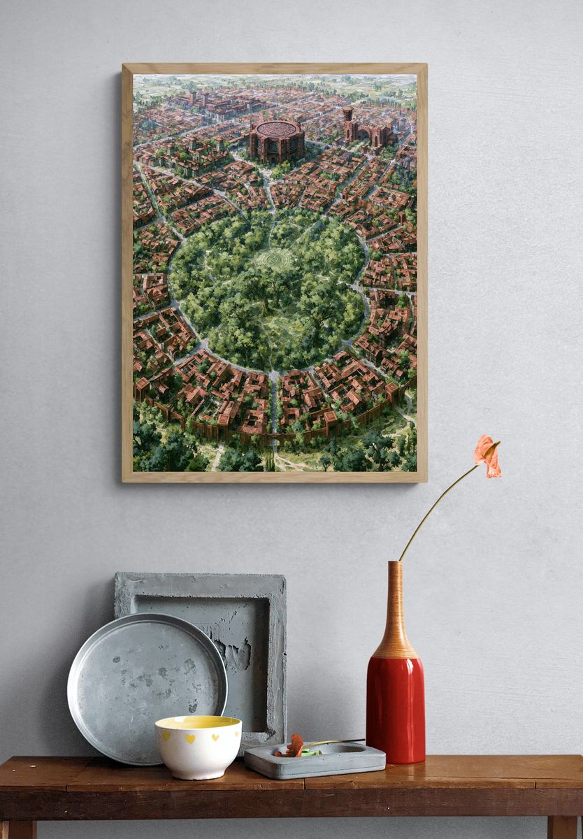 Circular Cityscape Illustration Print. — room view 3