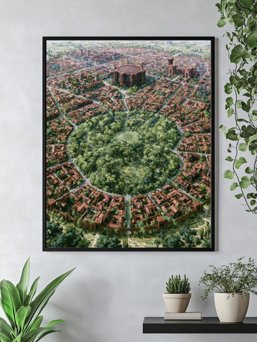 Circular Cityscape Illustration Print. — room view 4
