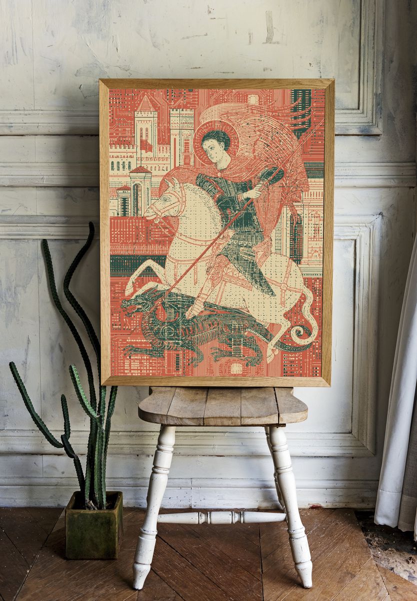 Saint George and Dragon Illustration Poster. room preview