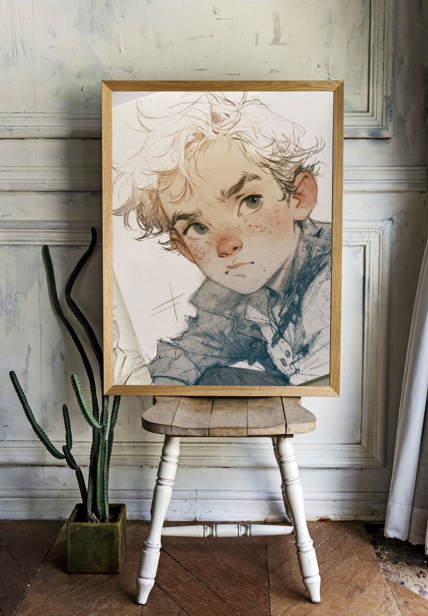 Curly Haired Boy Portrait Print. — room view 1