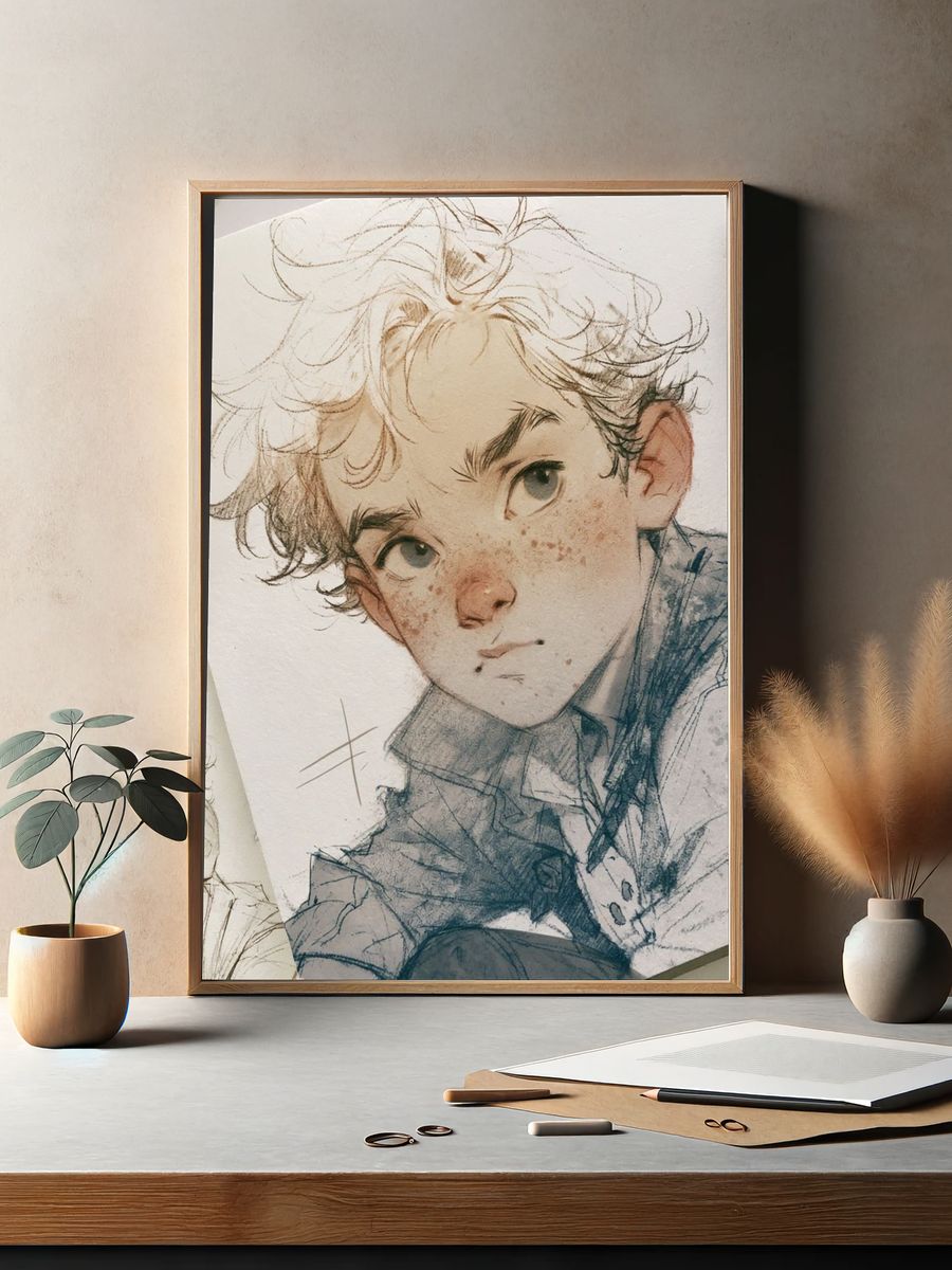 Curly Haired Boy Portrait Print. — room view 2