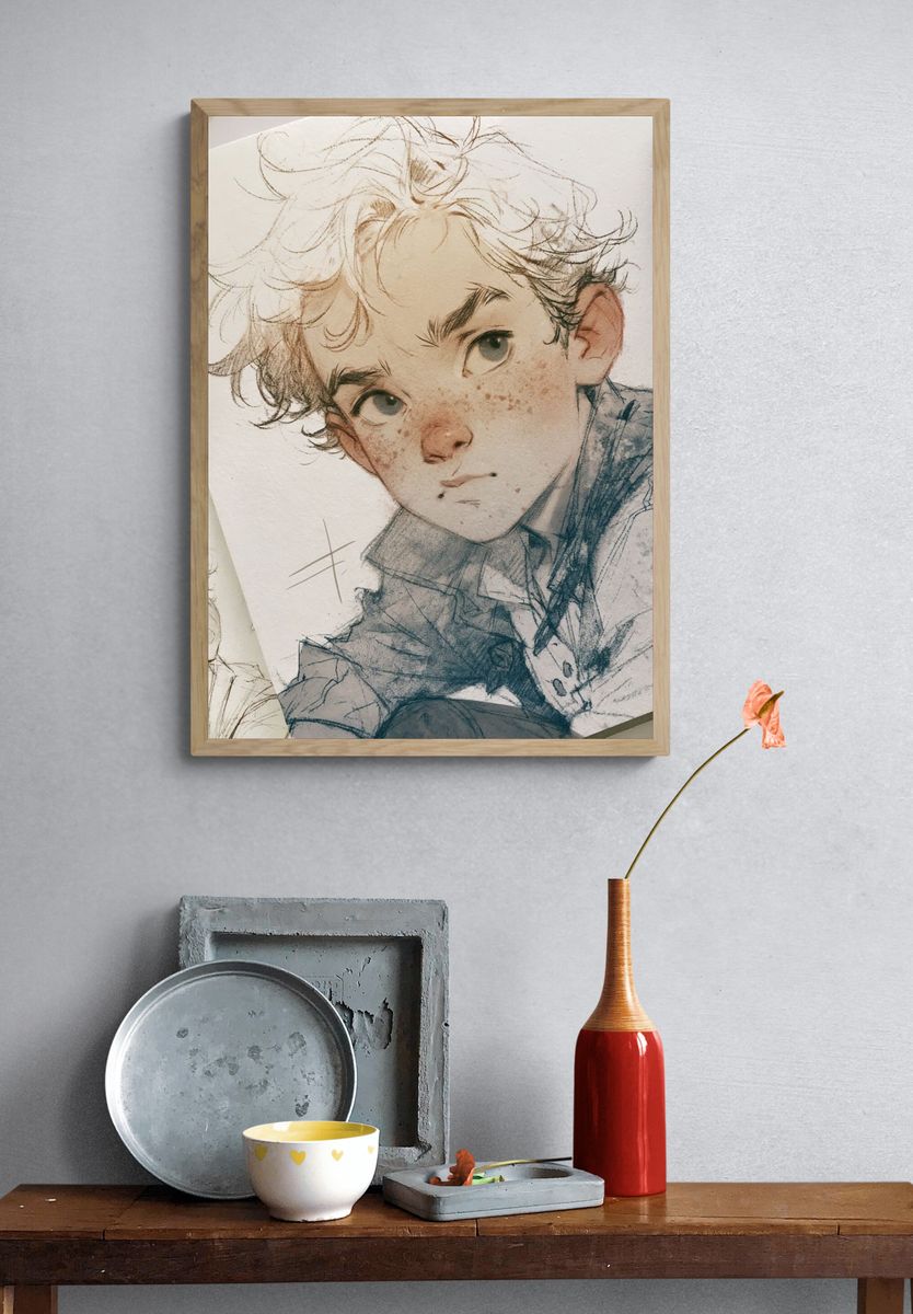 Curly Haired Boy Portrait Print. — room view 3
