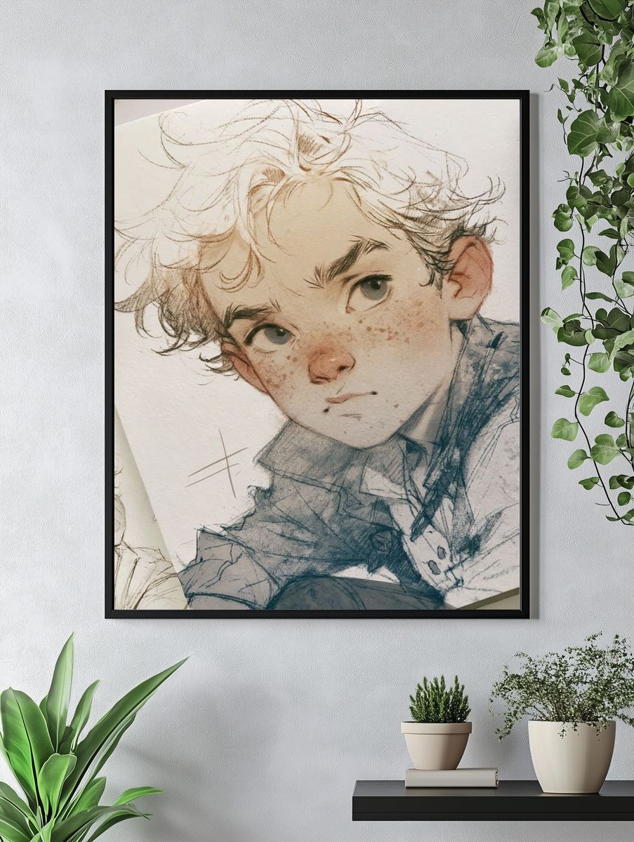 Curly Haired Boy Portrait Print. — room view 4
