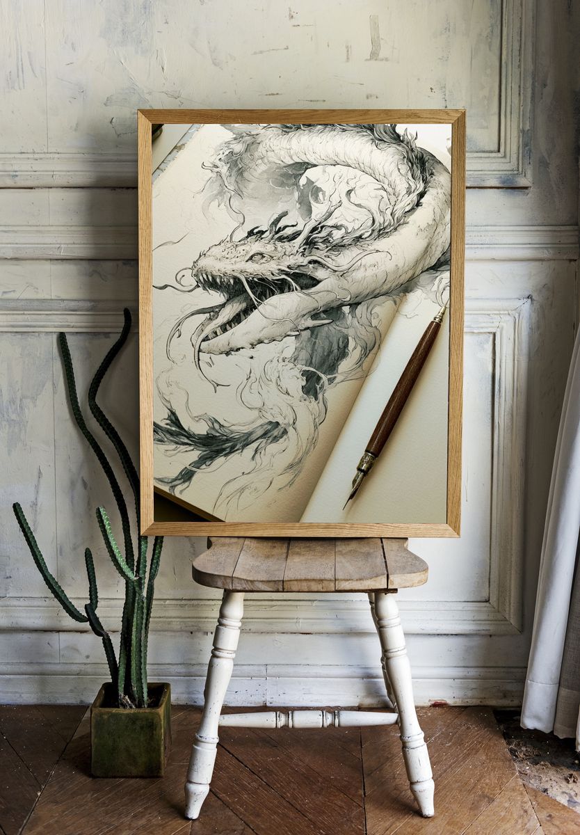 Dragon Ink Illustration Poster. — room view 1