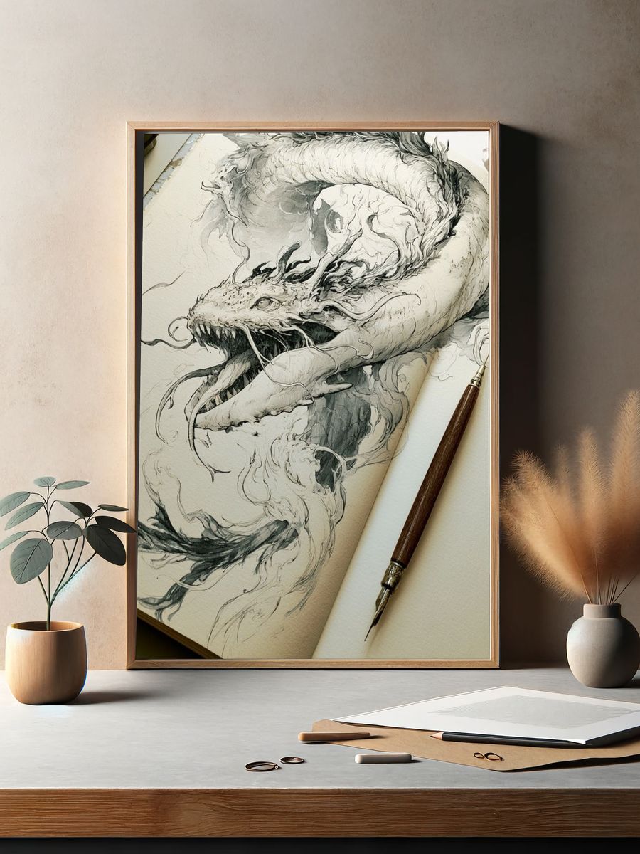 Dragon Ink Illustration Poster. — room view 2