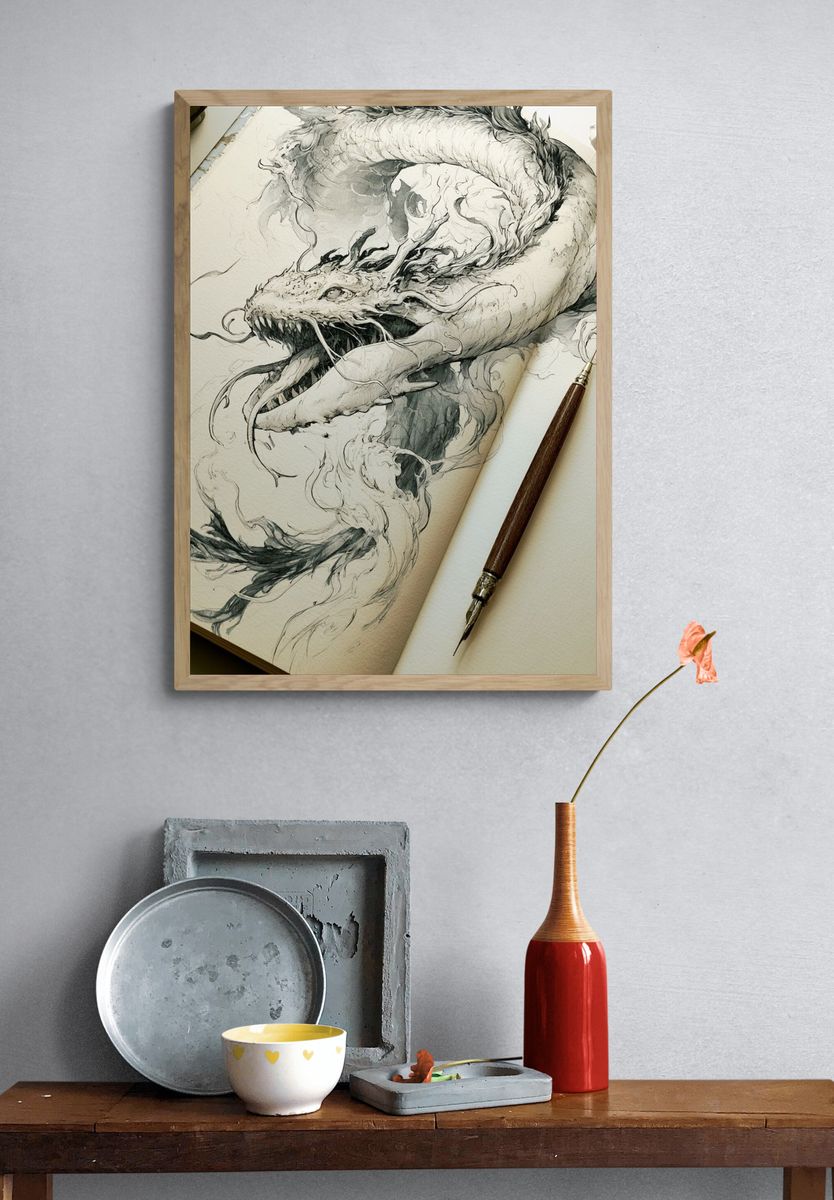 Dragon Ink Illustration Poster. — room view 3
