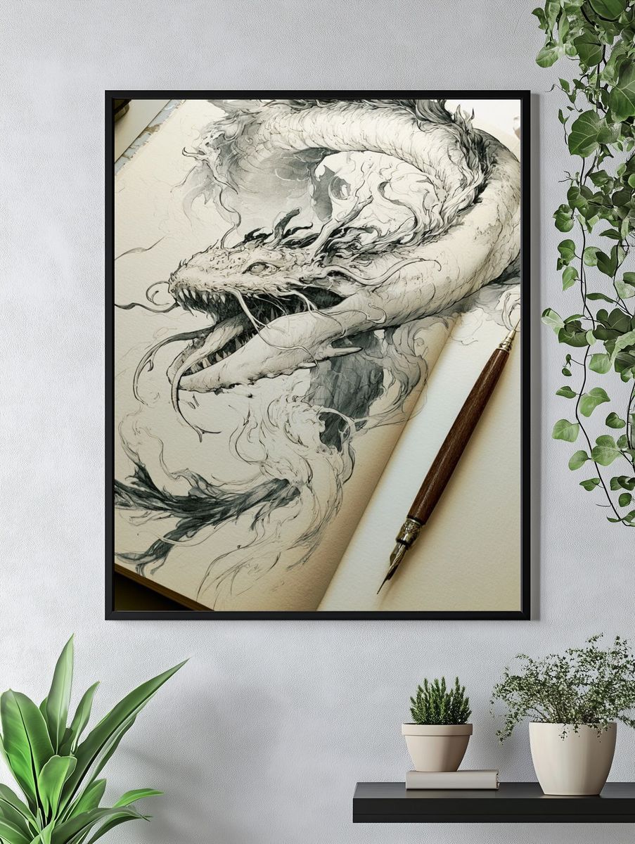 Dragon Ink Illustration Poster. — room view 4