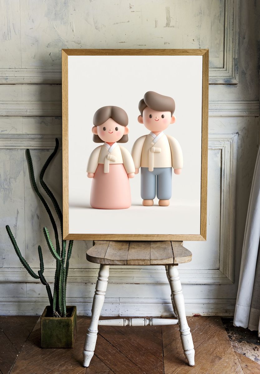Korean Couple Figurine Illustration Print. — room view 1