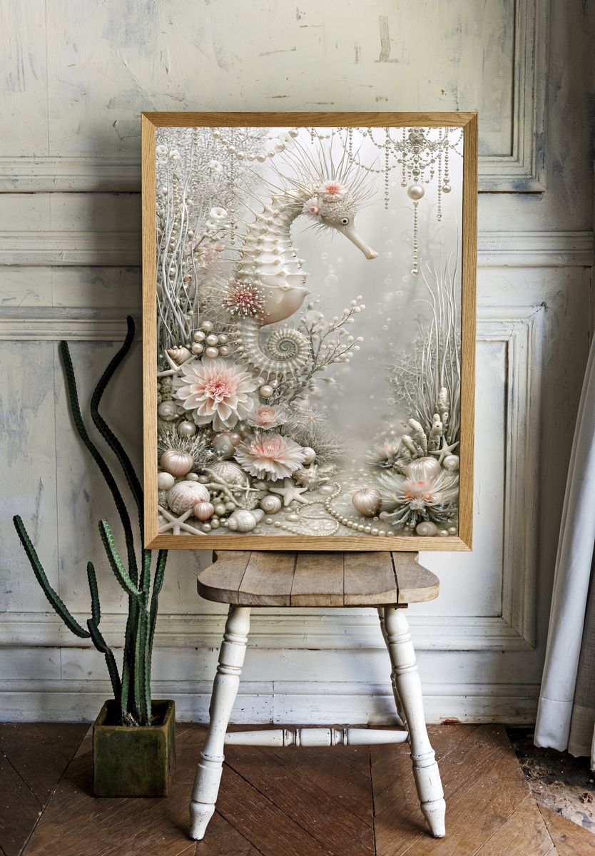 Pearl Seahorse Fantasy Print. room preview