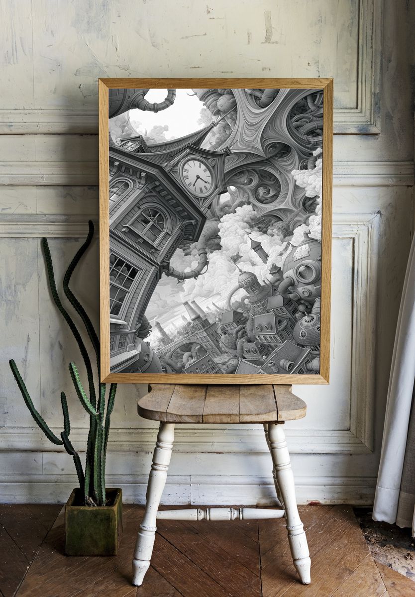 Surreal Clocktower Cityscape Print. room preview
