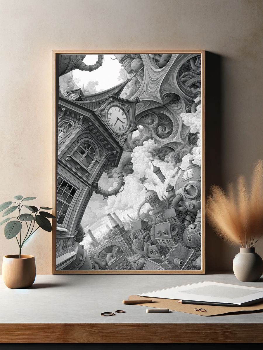 Surreal Clocktower Cityscape Print. — room view 2