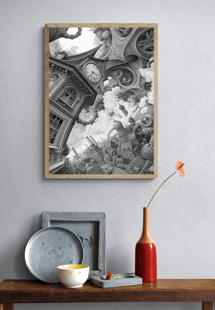 Surreal Clocktower Cityscape Print. — room view 3