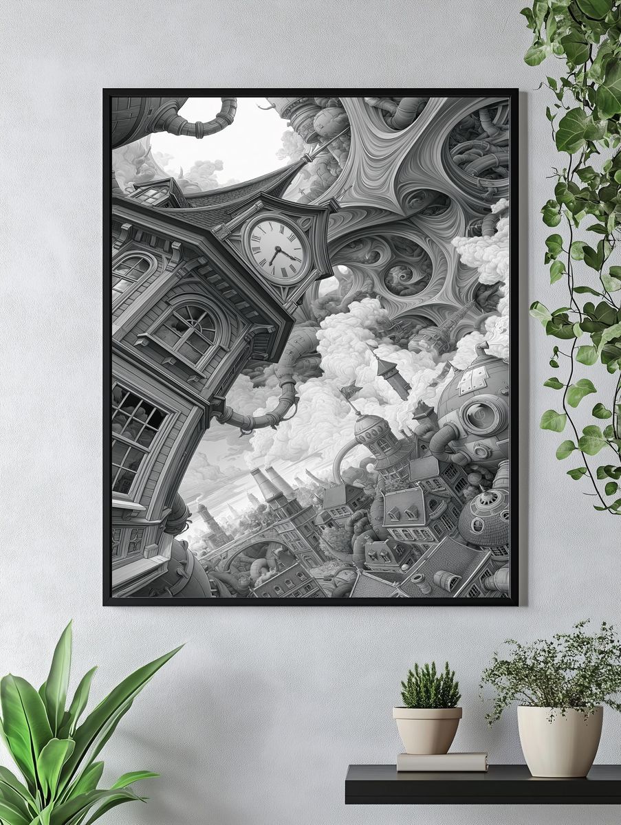 Surreal Clocktower Cityscape Print. — room view 4