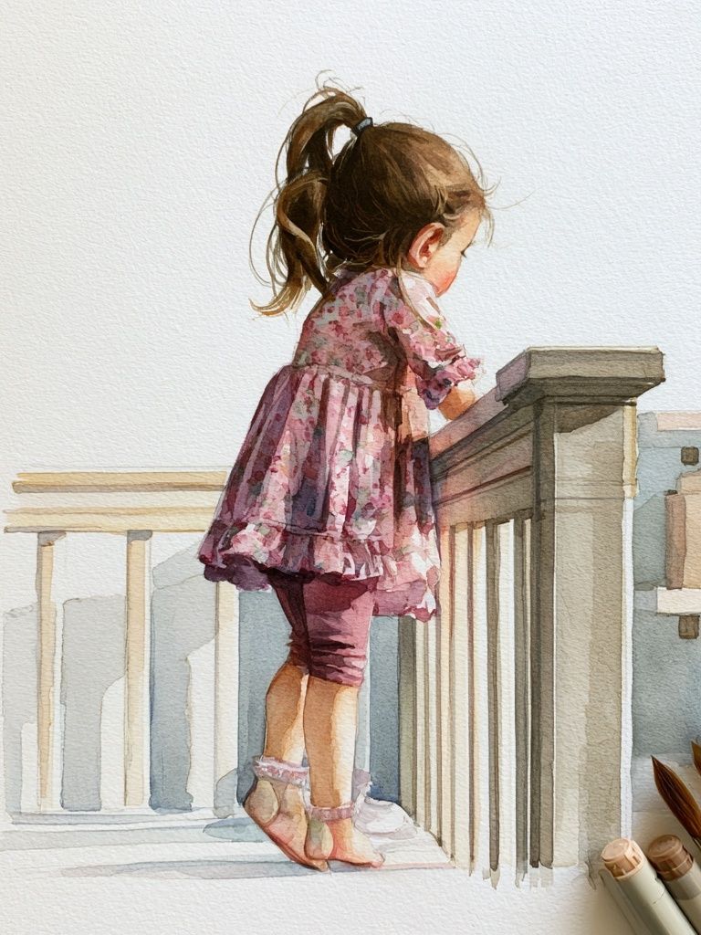 Little Girl on Stairs Watercolor Print. poster detail