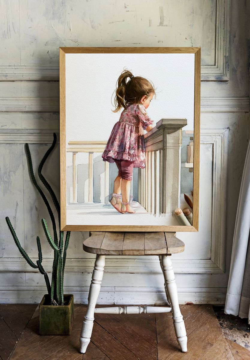 Little Girl on Stairs Watercolor Print. — room view 1