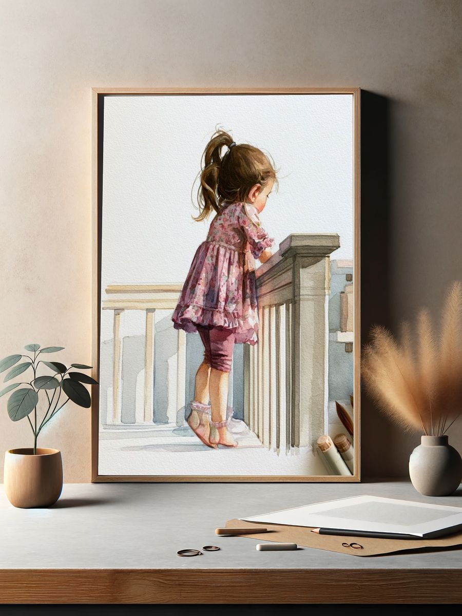 Little Girl on Stairs Watercolor Print. — room view 2