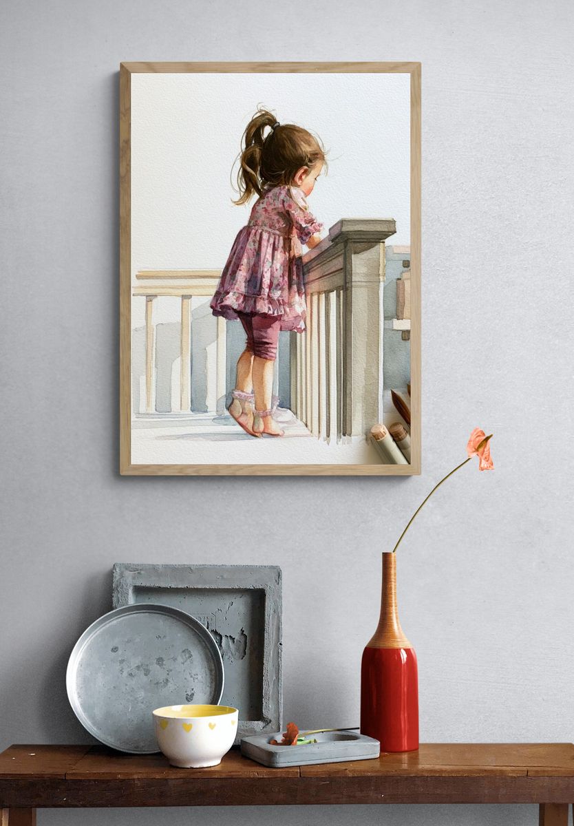 Little Girl on Stairs Watercolor Print. — room view 3