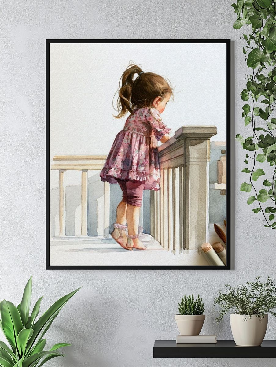 Little Girl on Stairs Watercolor Print. — room view 4