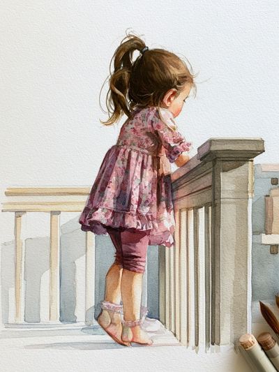 Little Girl on Stairs Watercolor Print. poster