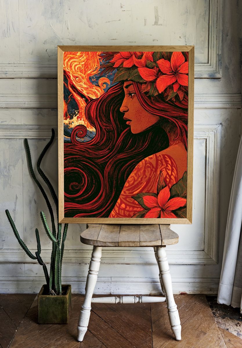 Floral Woman and Fire Illustration Poster. — room view 1