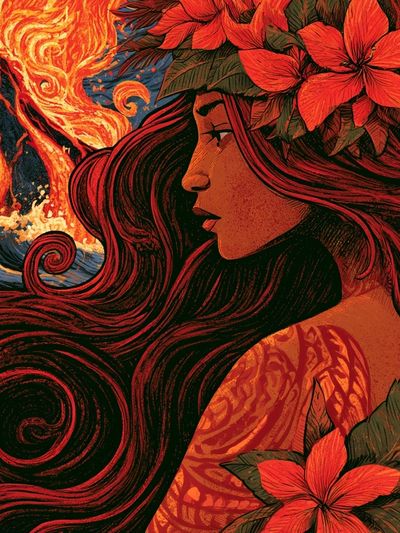 Floral Woman and Fire Illustration Poster. poster