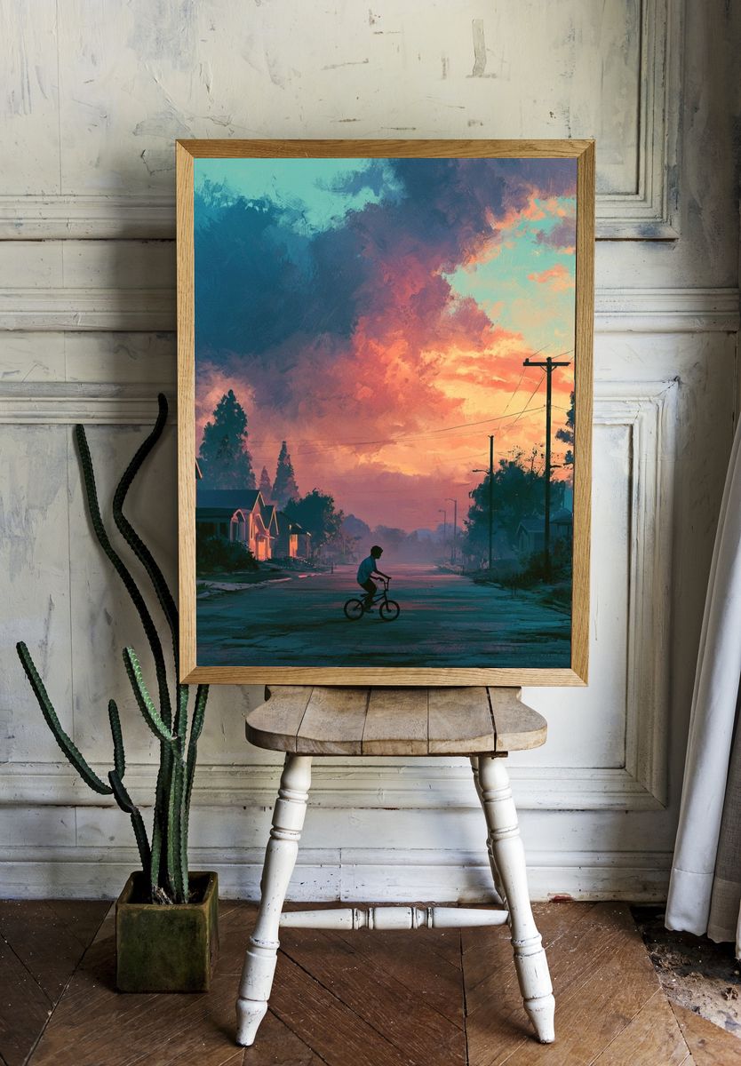 Sunset Street Cyclist Illustration Poster. room preview