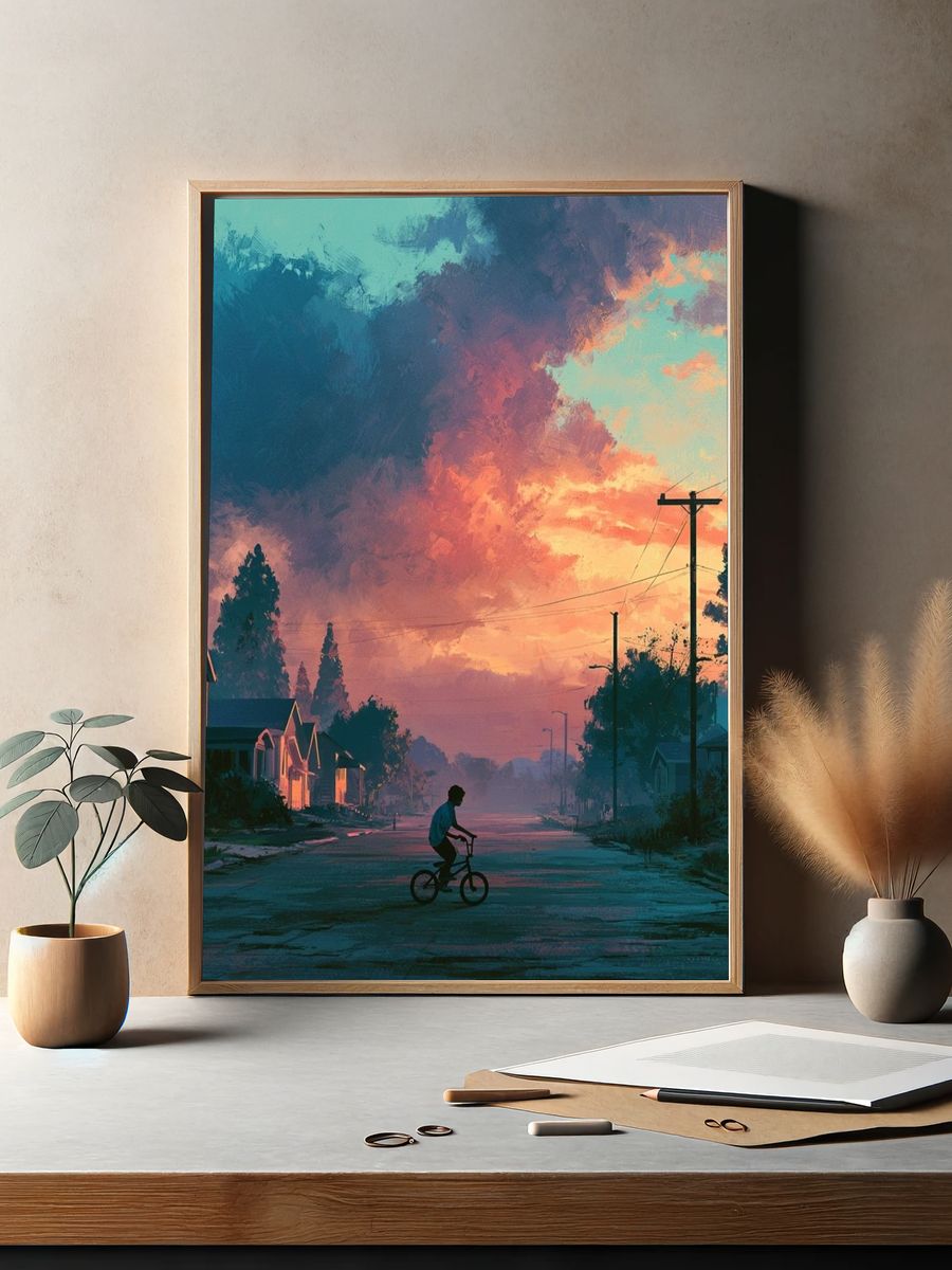 Sunset Street Cyclist Illustration Poster. — room view 2