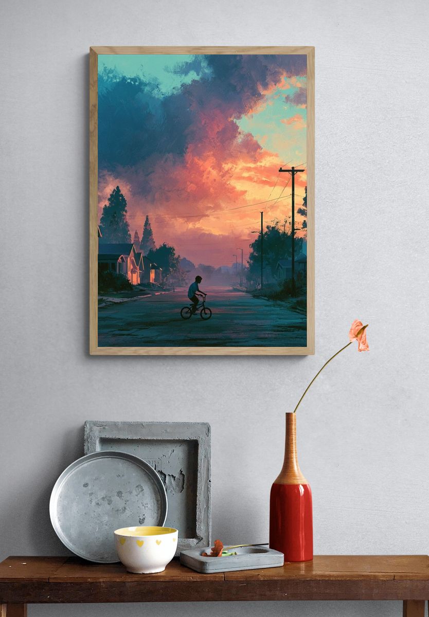 Sunset Street Cyclist Illustration Poster. — room view 3